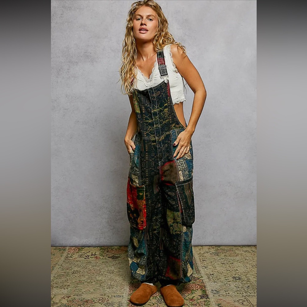 Boho Patchwork Wide-Leg Overalls - Multicolor - Picture 7 of 8